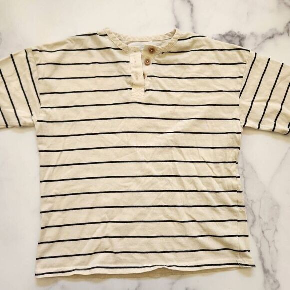 Zara boys size 7 cream thin black striped short sleeve t-shirt Henley minimalist - Picture 1 of 4